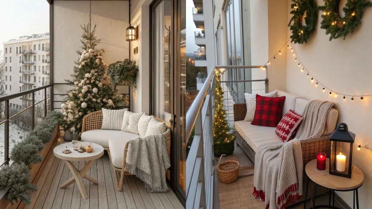 Duas varandas com sof&aacute; decoradas para o Natal com luzes pisca-pisca