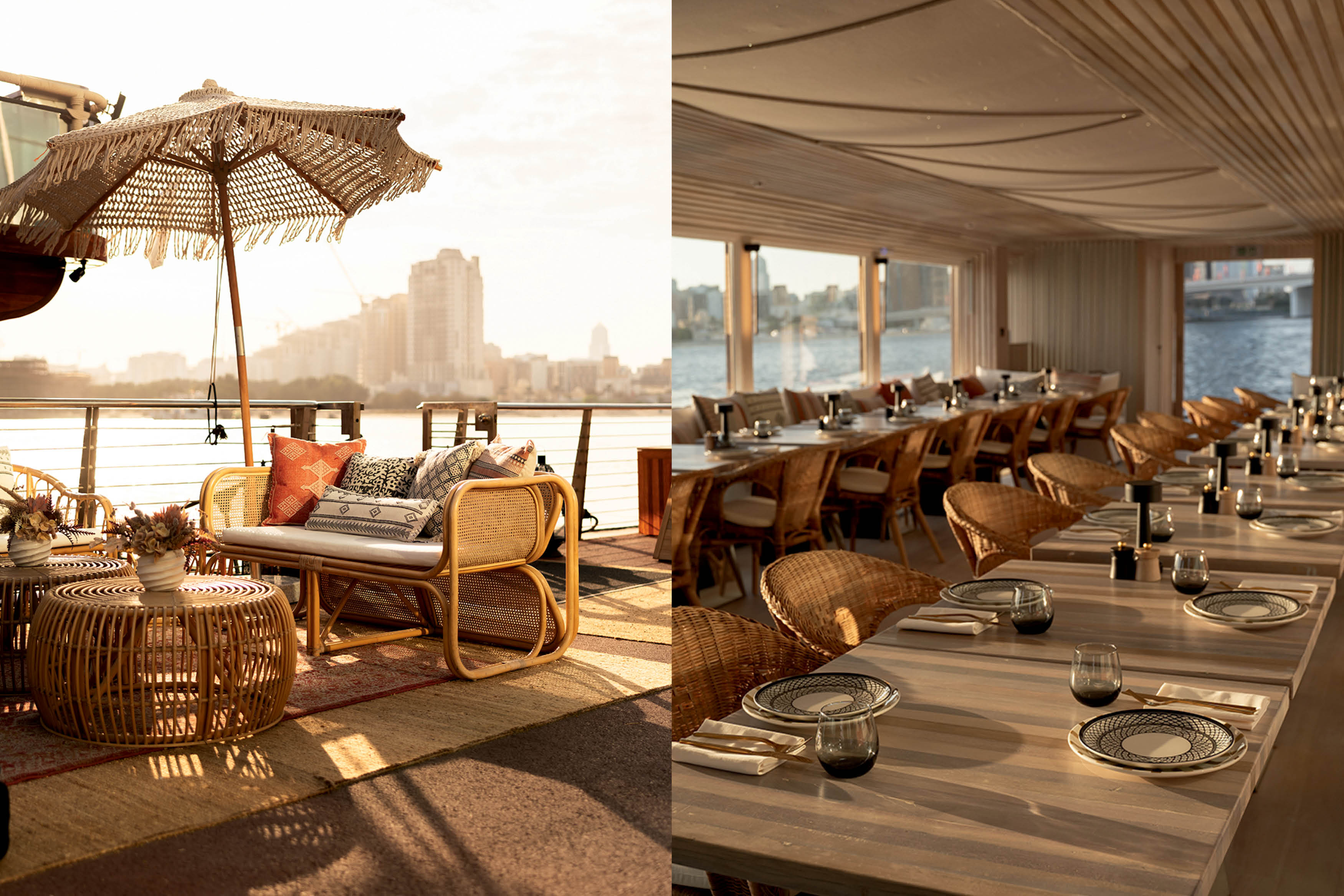 Parte interna de barco com restaurante