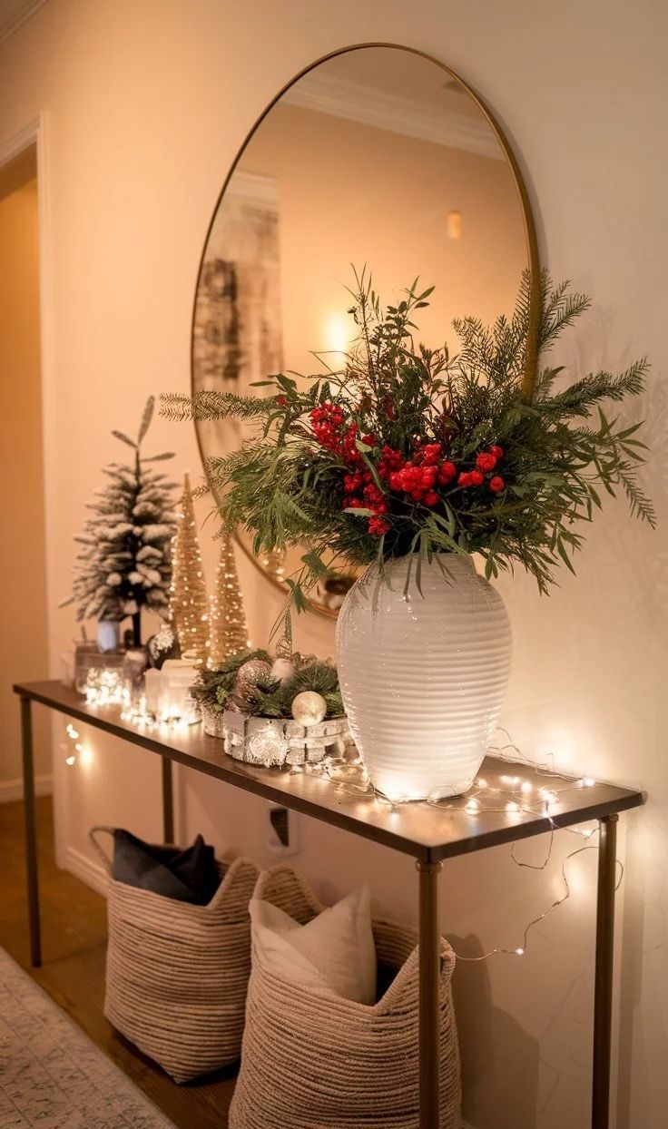 Mesa encostada na parede decorada para o Natal