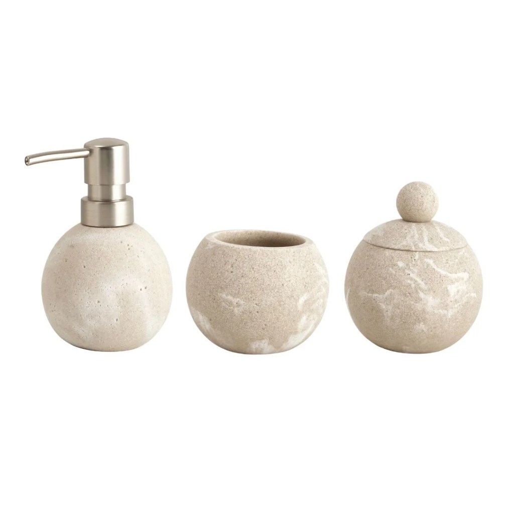 Kit organizador de banheiro com tr&ecirc;s pe&ccedil;as na cor bege imitando m&aacute;rmore