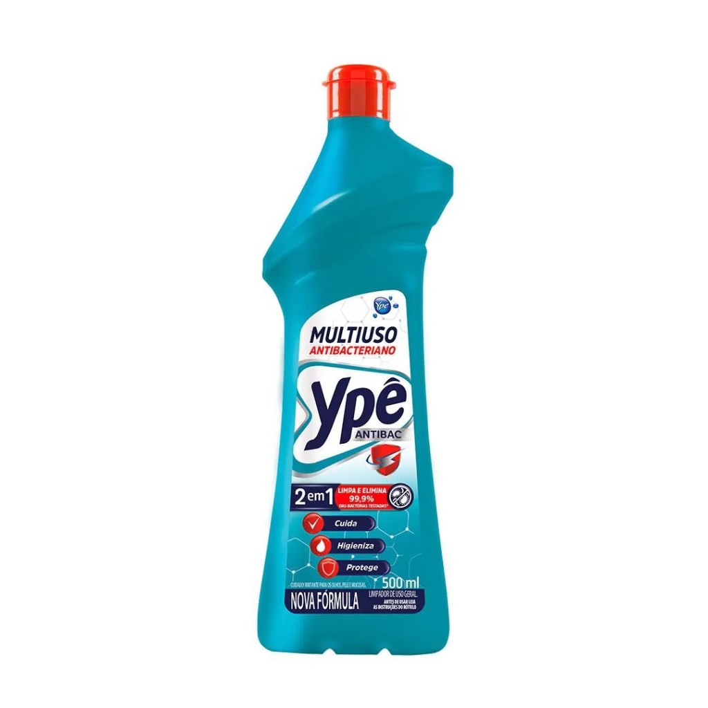Produto de limpeza de cor branco translúcida e tampa azul da marca Ypê.