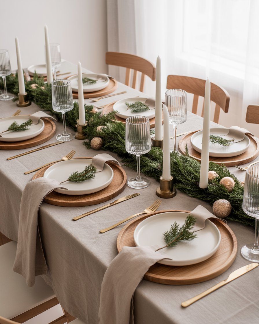 mesa posta de fim de ano com decora&ccedil;&atilde;o minimalista em cores neutras