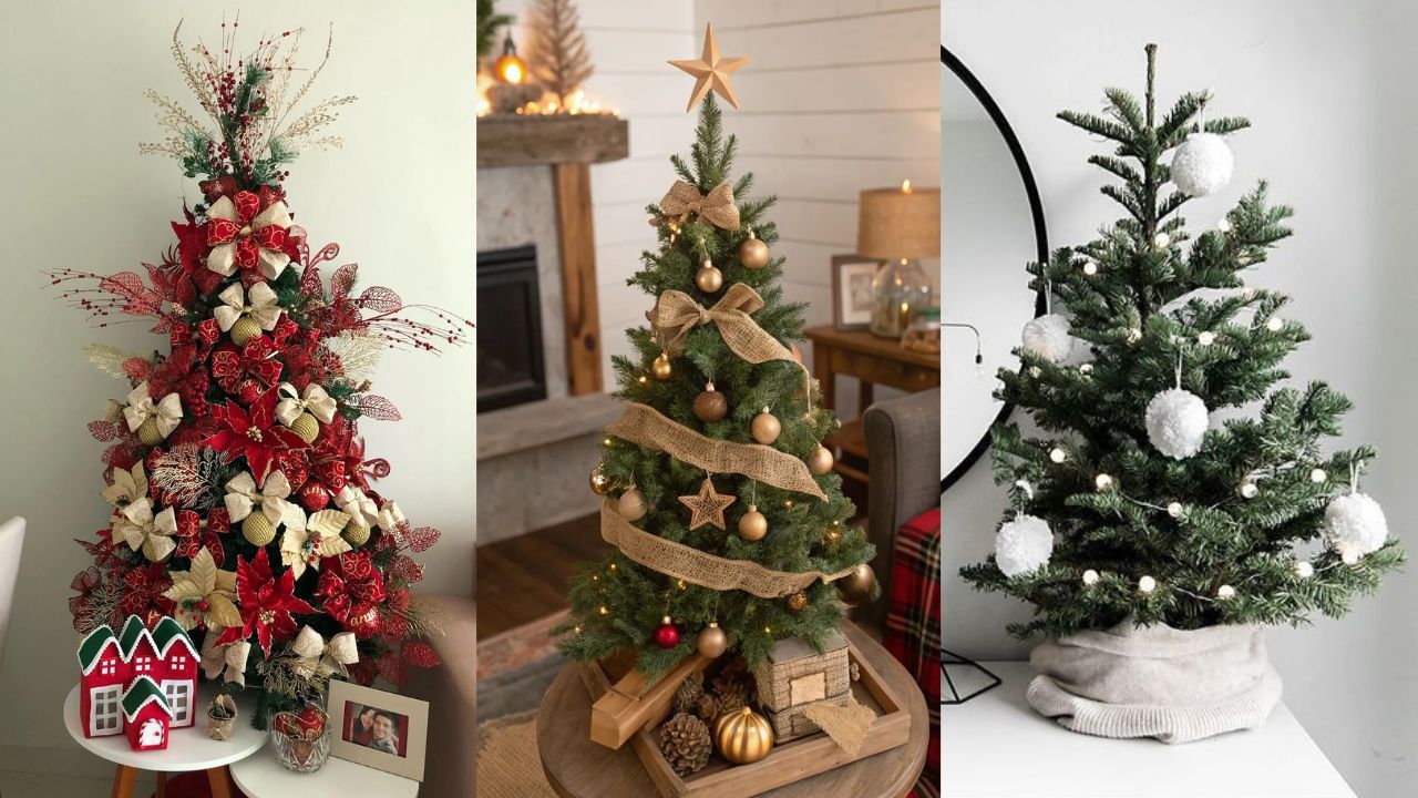 Tr&ecirc;s op&ccedil;&otilde;es de mini &aacute;rvores decoradas para o Natal.
