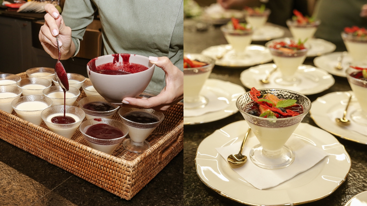 Chef montando sobremesa de morango em ta&ccedil;as e sobremesa pronta do outro lado