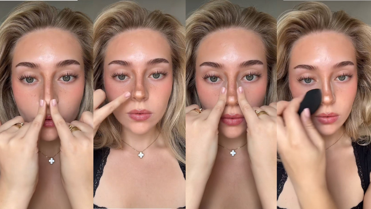 Quatro fotos da mesma mulher ensinando a fazer contorno no nariz com os dedos.