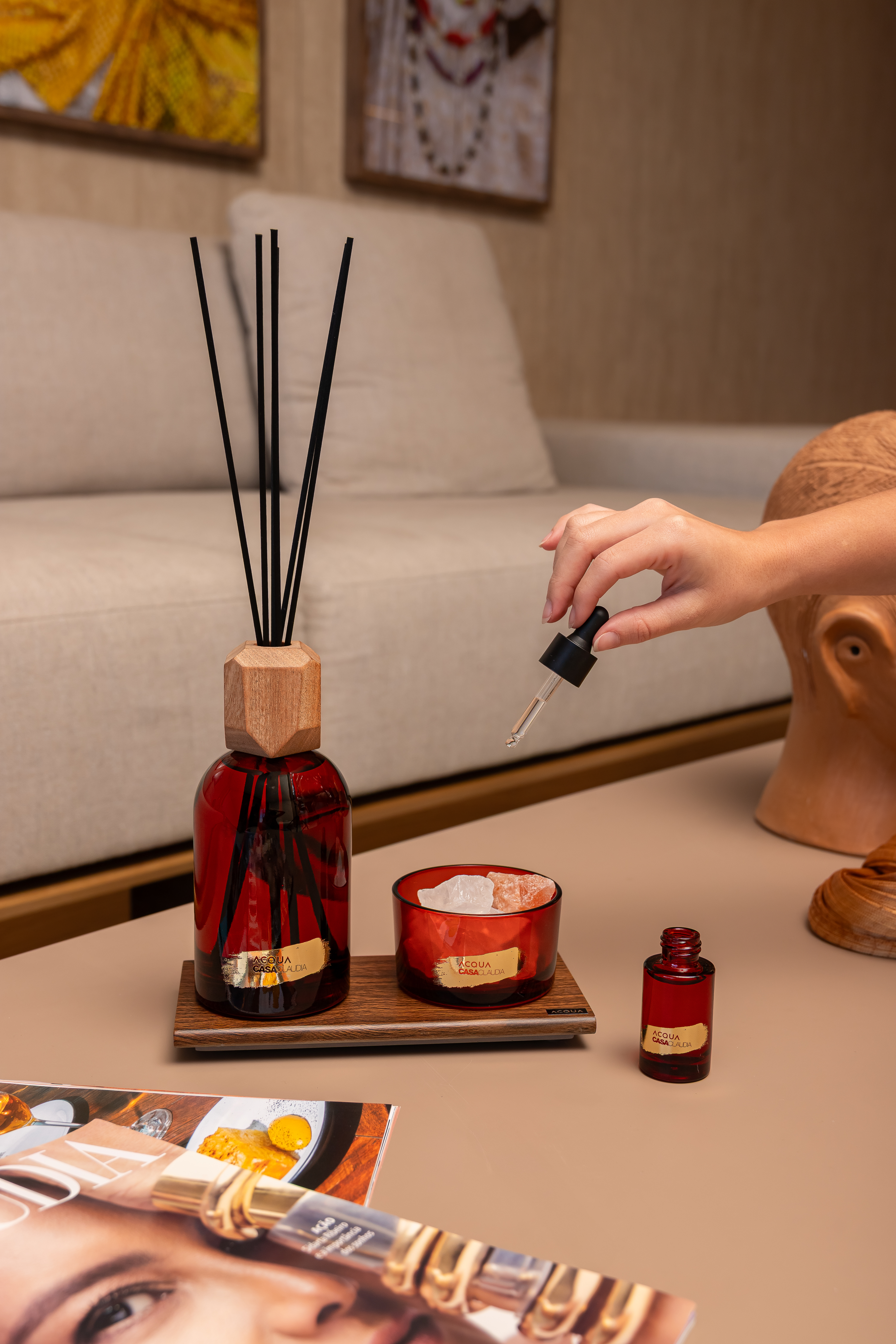 Difusor de aromas com varetas e ess&ecirc;ncia Velvet Cherry Acqua Aroma Casa Claudia em sala decorada, simbolizando boas-vindas e equil&iacute;brio energ&eacute;tico no lar