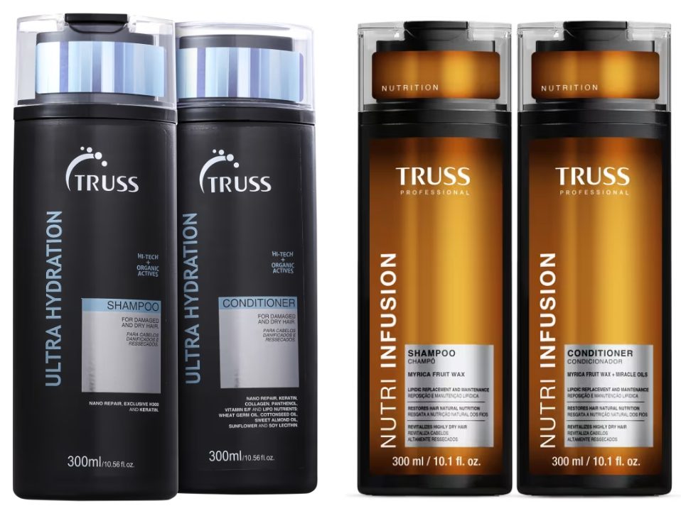 Duas linhas de shampoo e condicionador com embalagens azuis e laranja