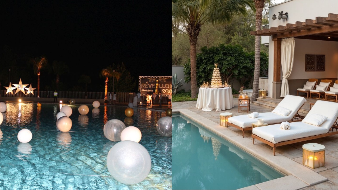 Festa de r&eacute;veillon na piscina com bal&otilde;es na &aacute;gua e espregui&ccedil;adeiras brancas.