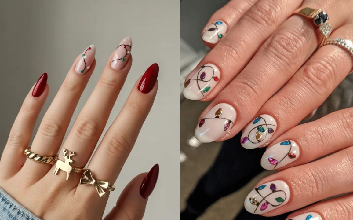 Duas unhas natalinas imitando luzes pisca pisca