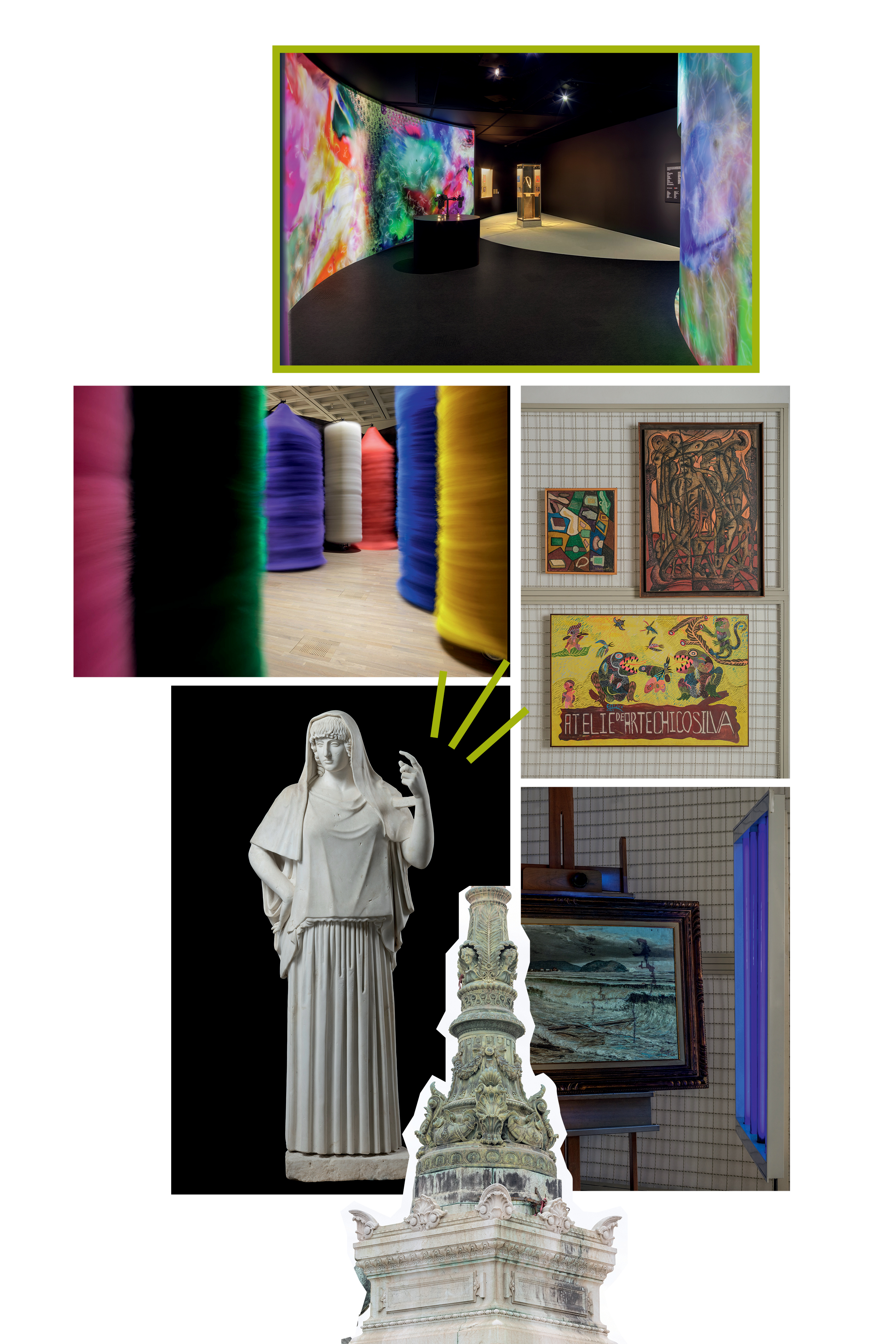 Colagem com diferentes fotos de exposi&ccedil;&atilde;o de arte