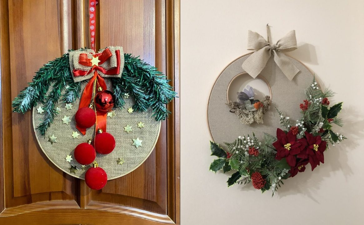 Enfeites circulares em bastidores, decorados com galhos verdes e la&ccedil;os sobrepostos.