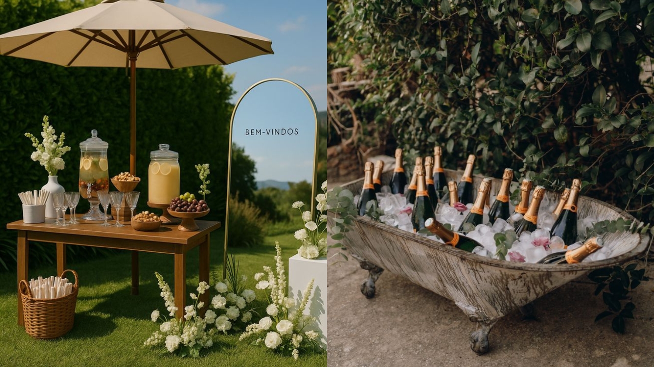 &Aacute;rea de bebidas em festa, em quiosque e em carrinho de m&atilde;o.