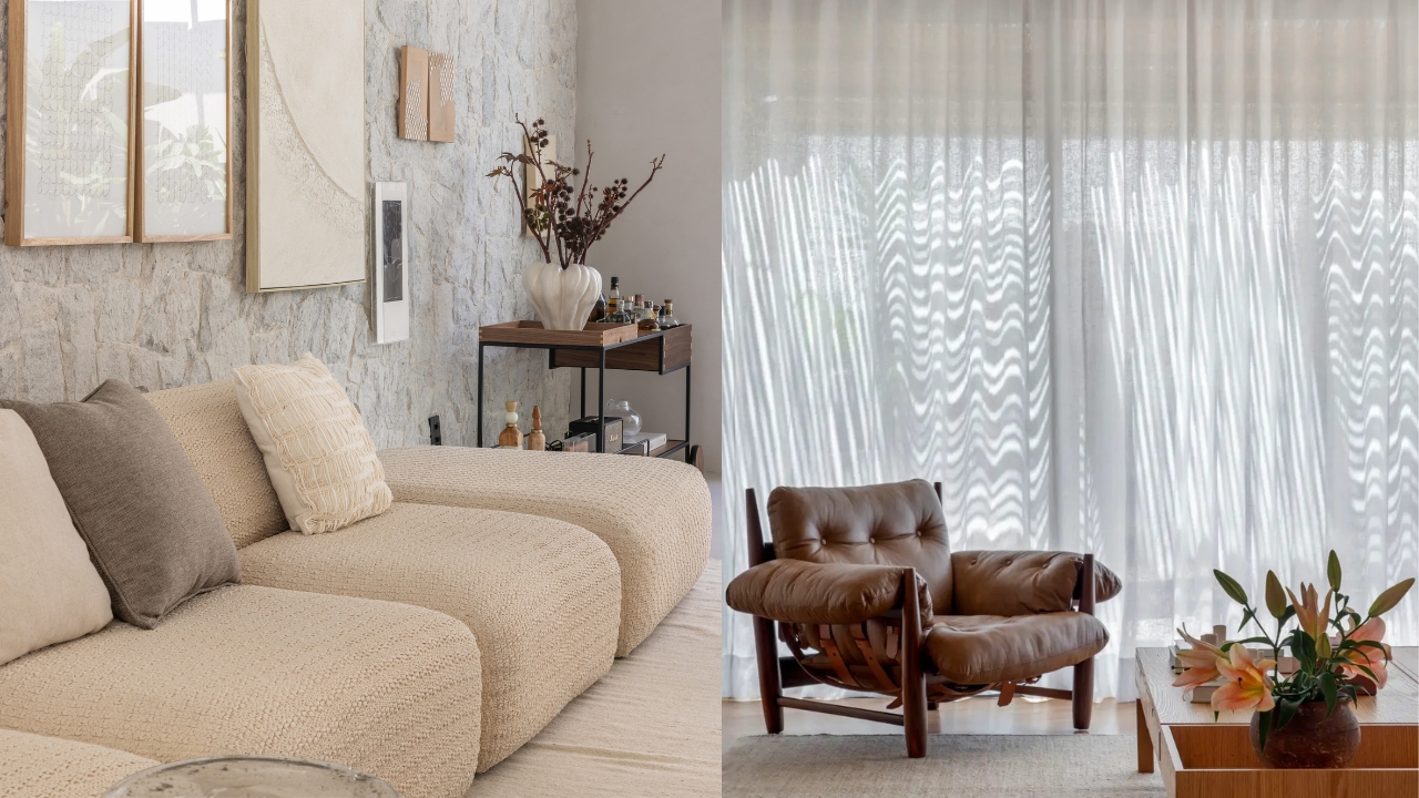 Sala de estar com sof&aacute; com tecido respir&aacute;vel de um lado. De outro, sala de estar com grande cortina com tecido leve