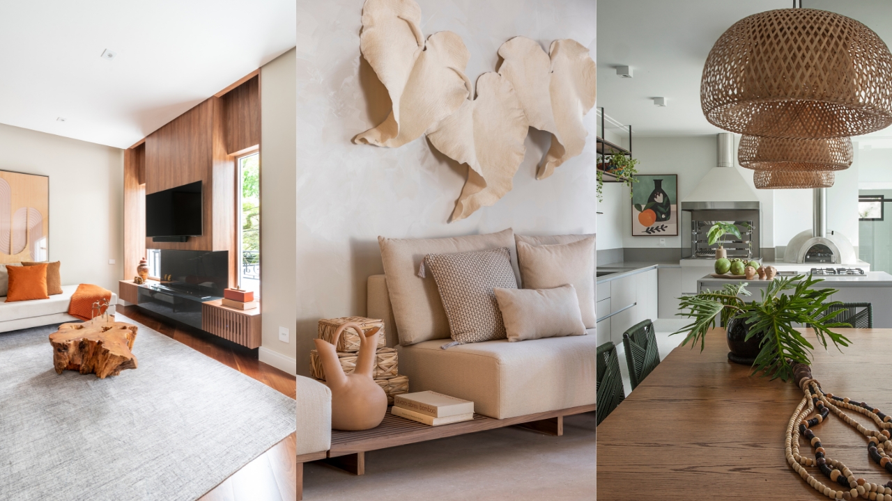 Tr&ecirc;s casas com cores neutras e quentes, remetendo a natureza