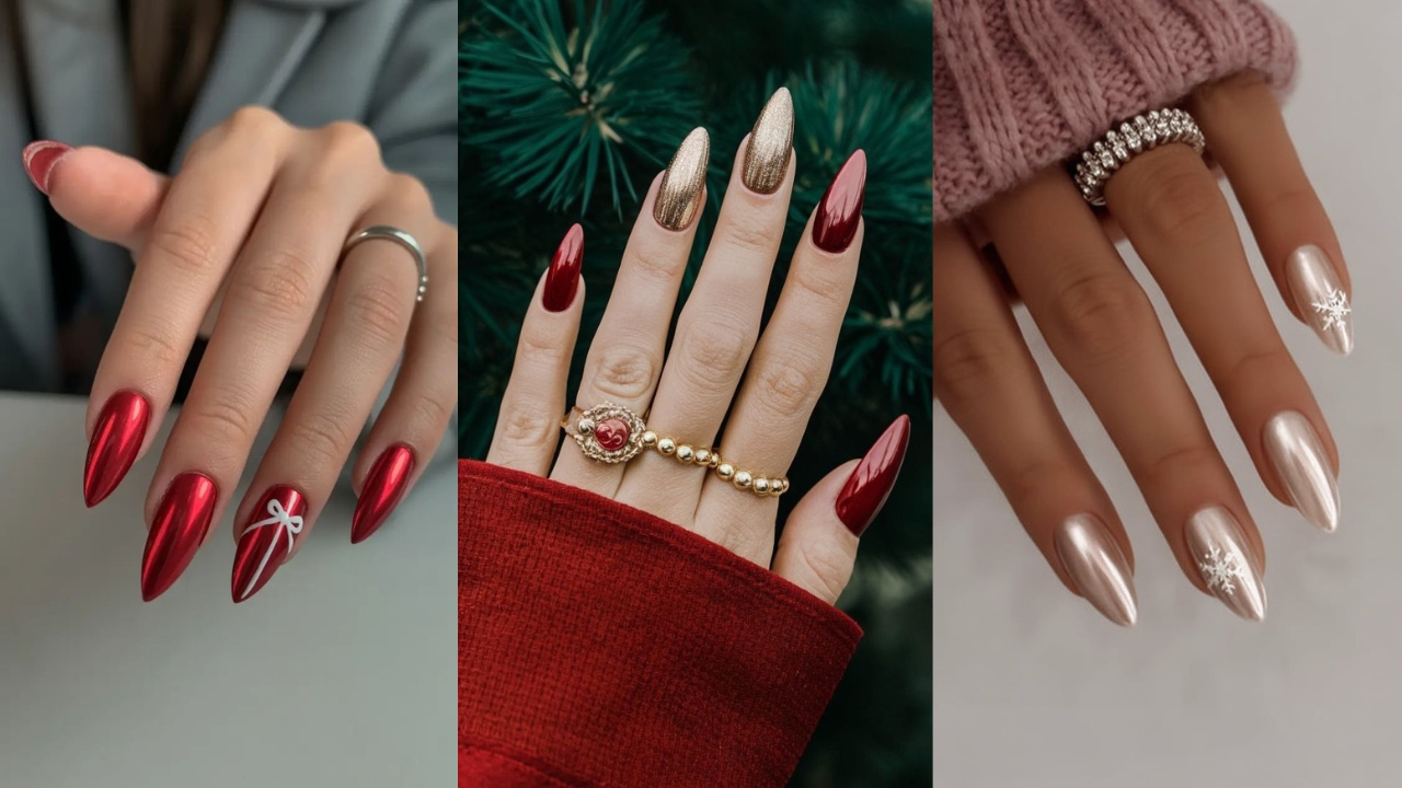 Tr&ecirc;s unhas natalinas com esmaltes cintilantes