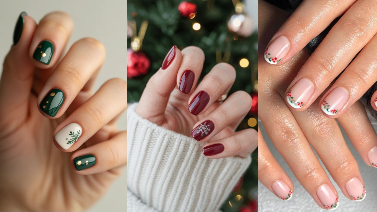 Tr&ecirc;s unhas tem&aacute;ticas de Natal com decora&ccedil;&atilde;o delicada e minimalista