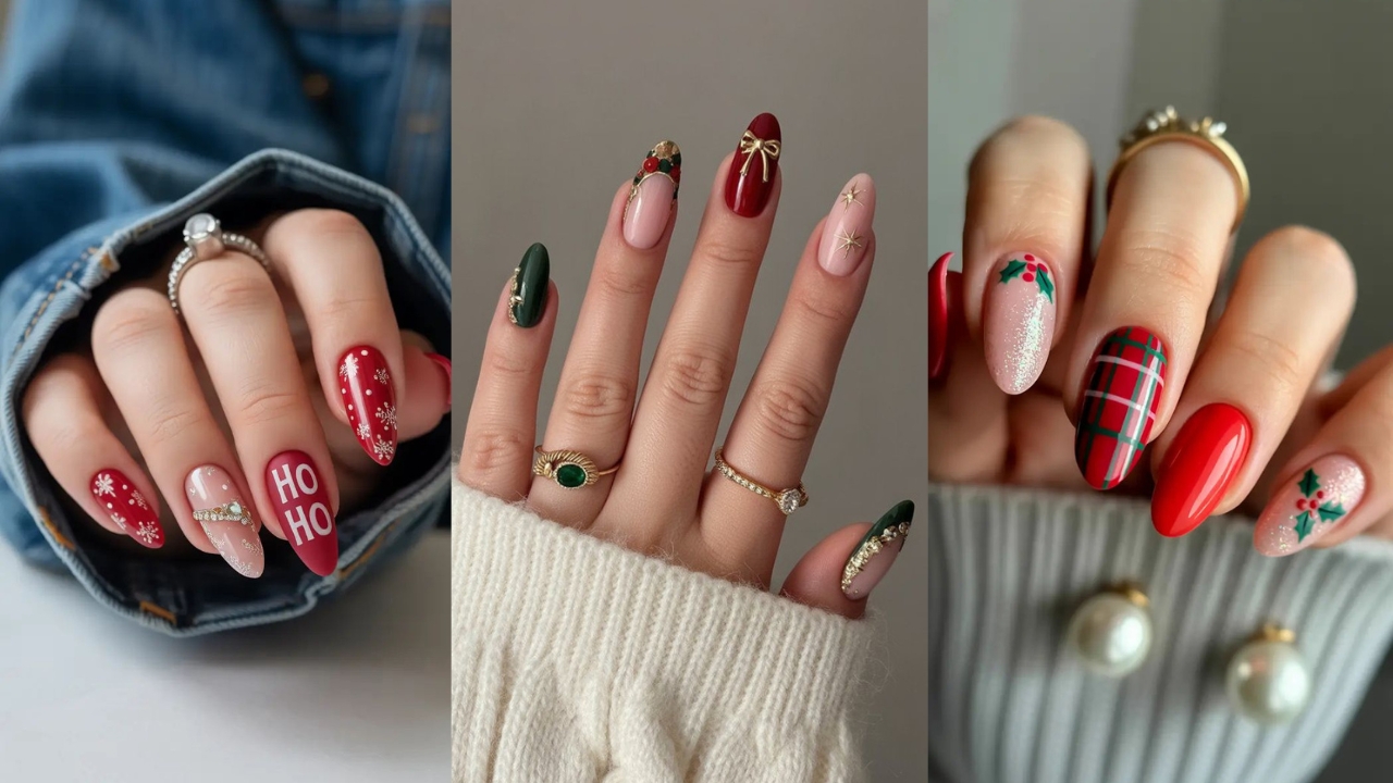 Unhas natalinas com decora&ccedil;&atilde;o estampada e maximalista
