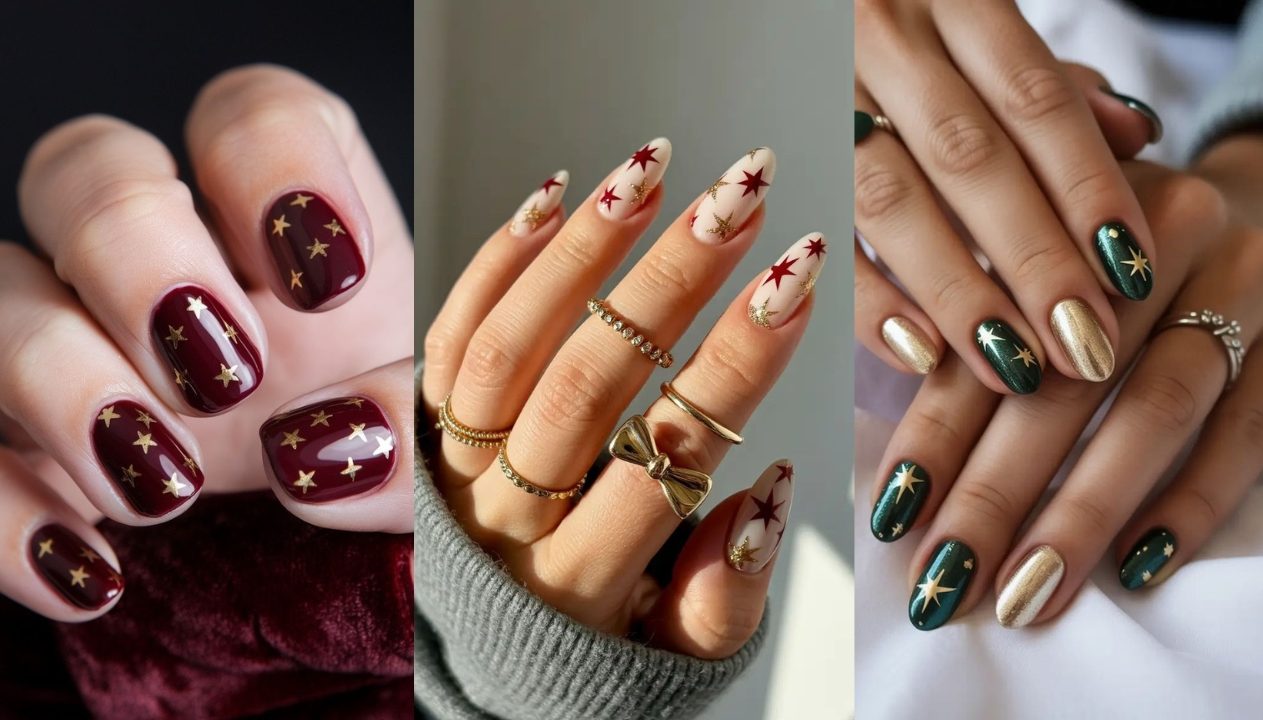 Tr&ecirc;s unhas natalinas com desenhos de estrelas