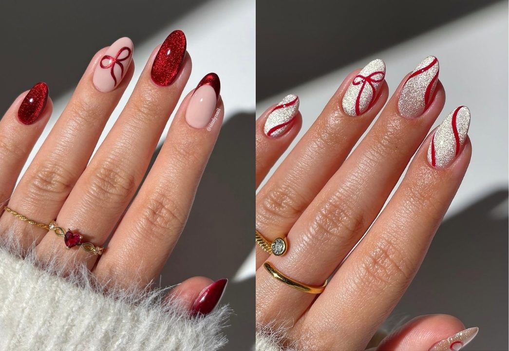 Duas unhas de natal vermelhas decoradas com la&ccedil;os