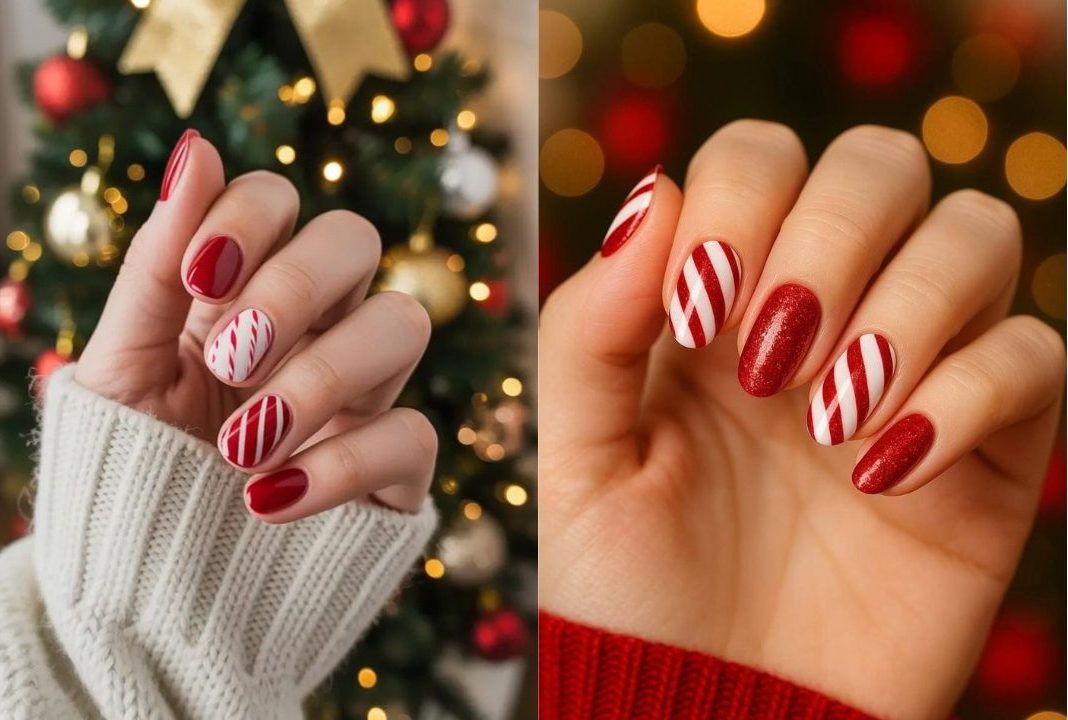 Duas unhas natalinas com listras vermelhas e brancas