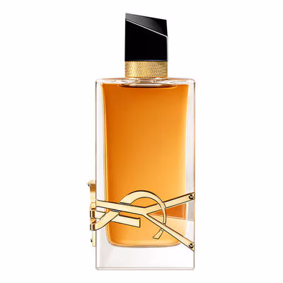 Perfume laranja com tampa preta e logo em dourado
