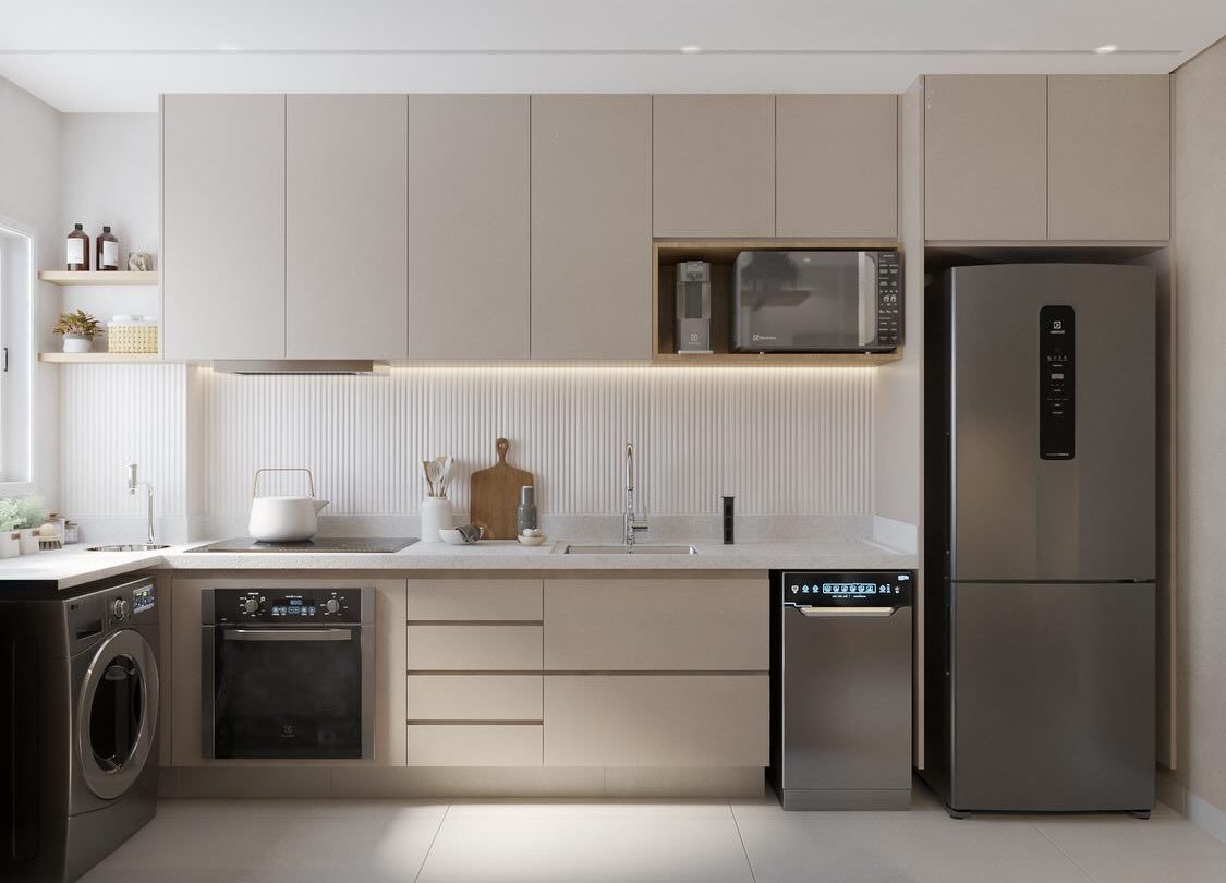 Cozinha vista na horizontal com automa&ccedil;&otilde;es tecnol&oacute;gicas