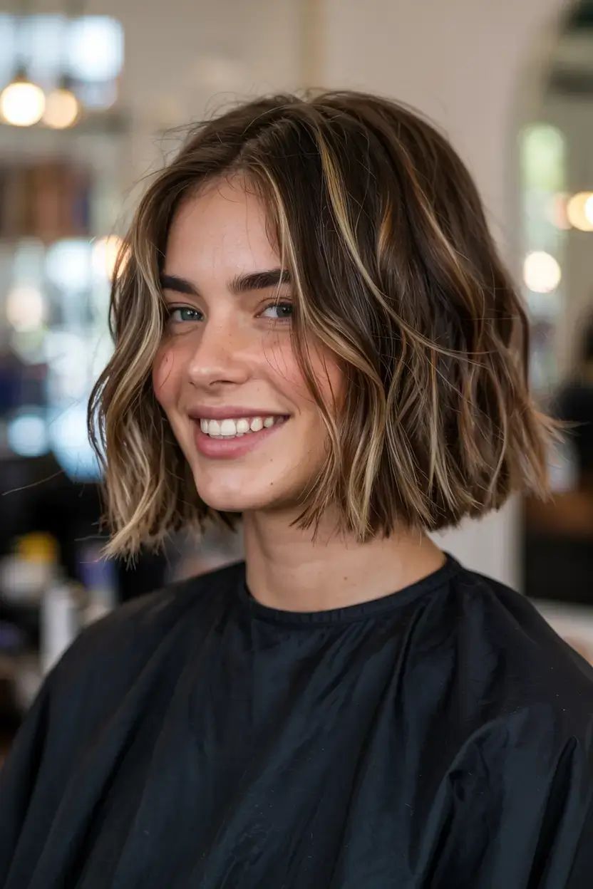 Mulher morena com luzes usando corte chanel e sorrindo para foto
