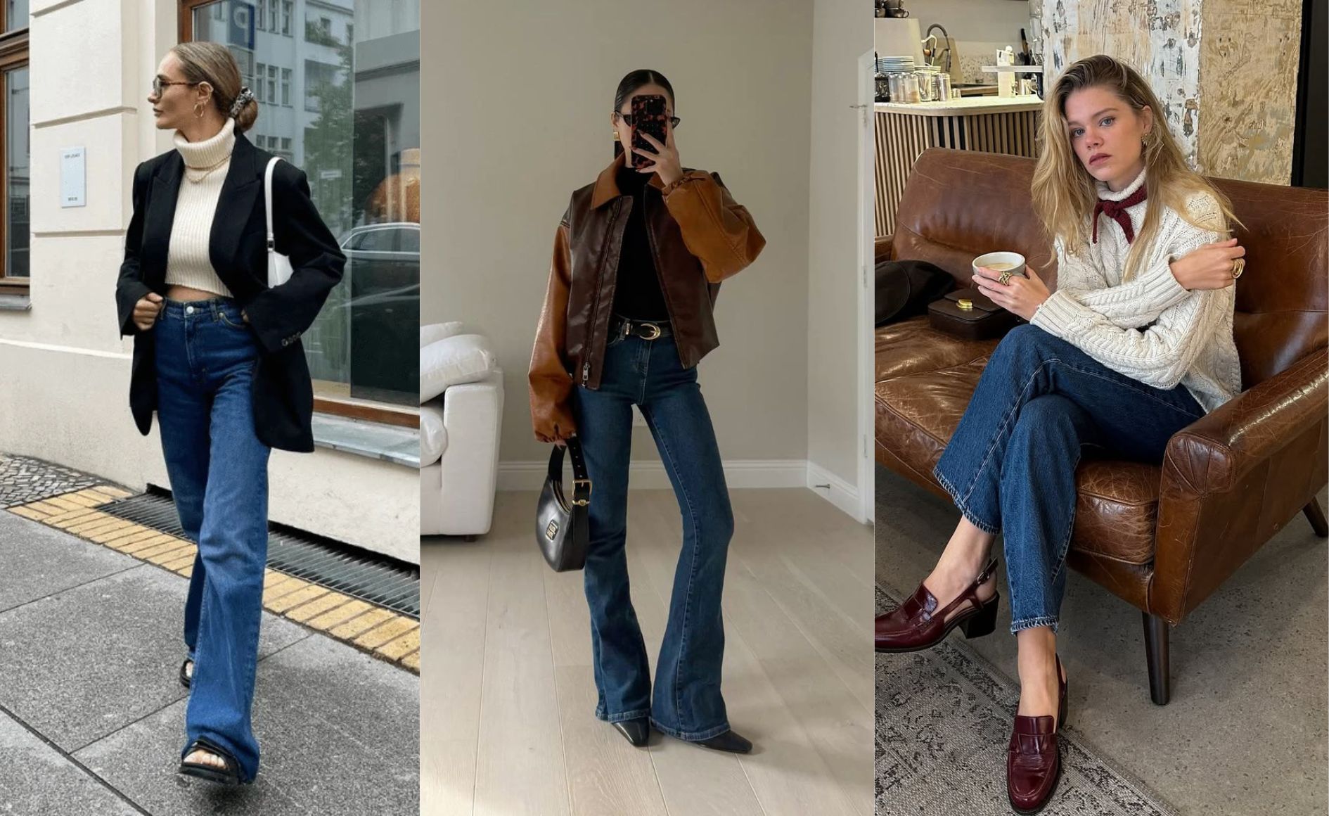 Colagem com tr&ecirc;s fotos de mulheres usando looks com jeans de modelagens diferentes
