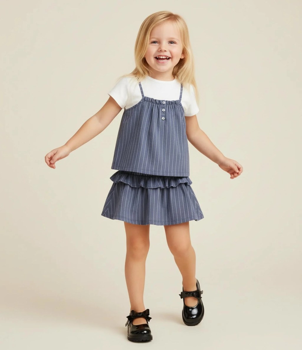 Foto de uma menina loira usando um look composto por camisa branca, regata soltinha jeans, saia jeans com babados e sapatilha preta