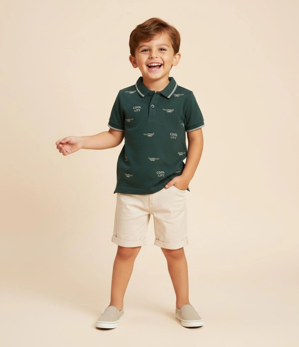 Foto de um menino moreno usando um look composto por camisa gola polo verde e bermuda branca