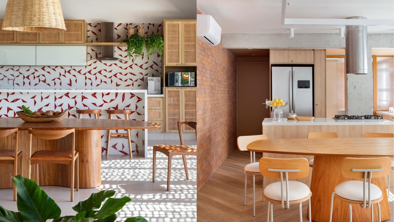 Dois projetos de cozinha com cores quentes