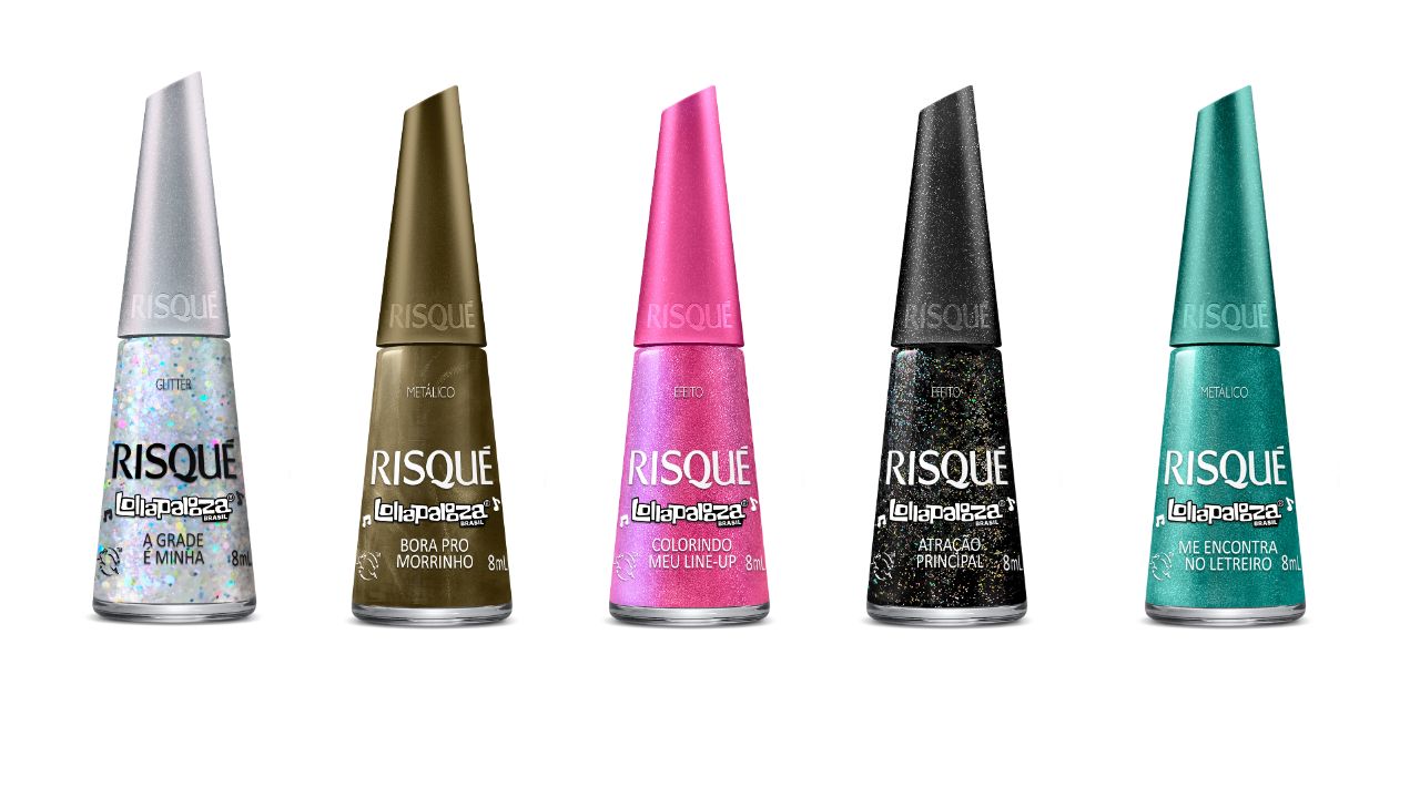 Imagem com quatro esmaltes da cole&ccedil;&atilde;o da Risqu&eacute; em parceria com o Lollapalooza 2026