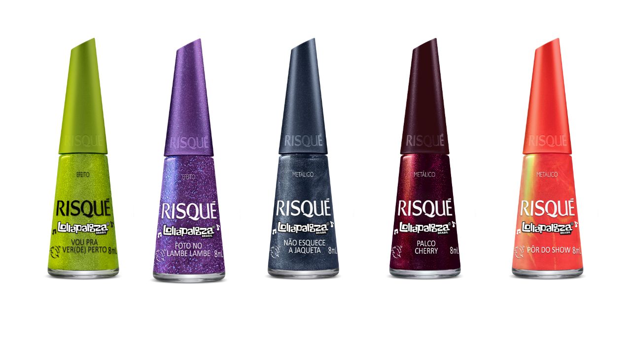 Imagem com quatro esmaltes da cole&ccedil;&atilde;o da Risqu&eacute; em parceria com o Lollapalooza 2026