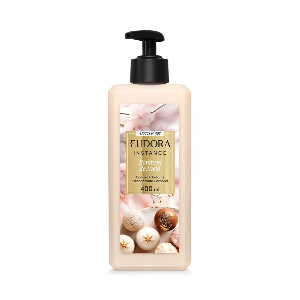 Creme hidratante corporal Eudora Instance Bombom de Avel&atilde;, com fragr&acirc;ncia adocicada e hidrata&ccedil;&atilde;o intensa para o dia a dia.