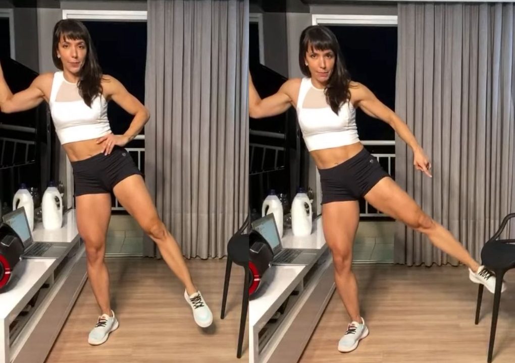 Mulher fazendo passo a passo de exerc&iacute;cio para gl&uacute;teo com cadeira