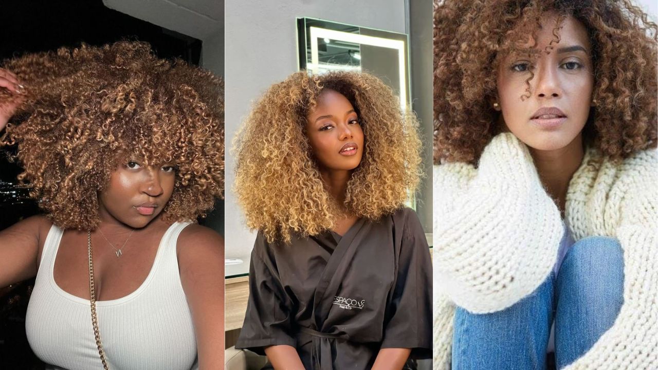 Montagem de tr&ecirc;s fotos de mulheres negras com cabelo loiro em tons de mel, dourado e caramelo