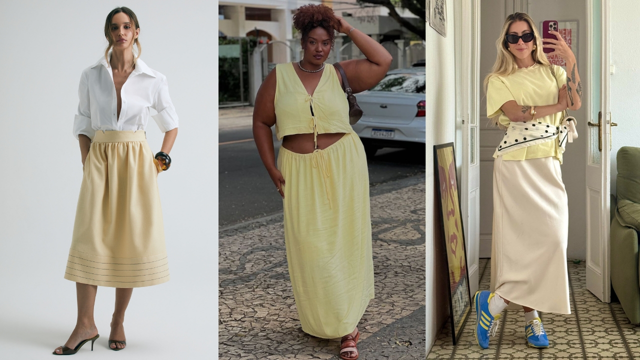 Tr&ecirc;s mulheres usando looks com a cor amarelo claro
