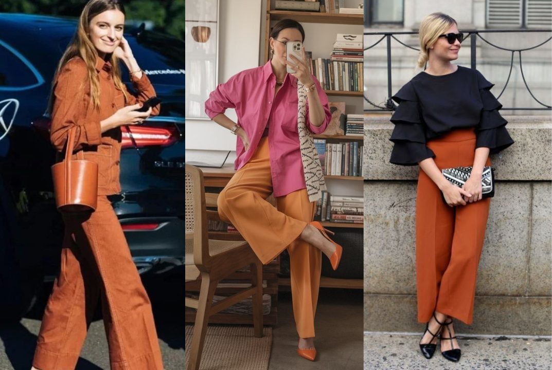 Tr&ecirc;s mulheres usando looks com a cor laranja tijolo