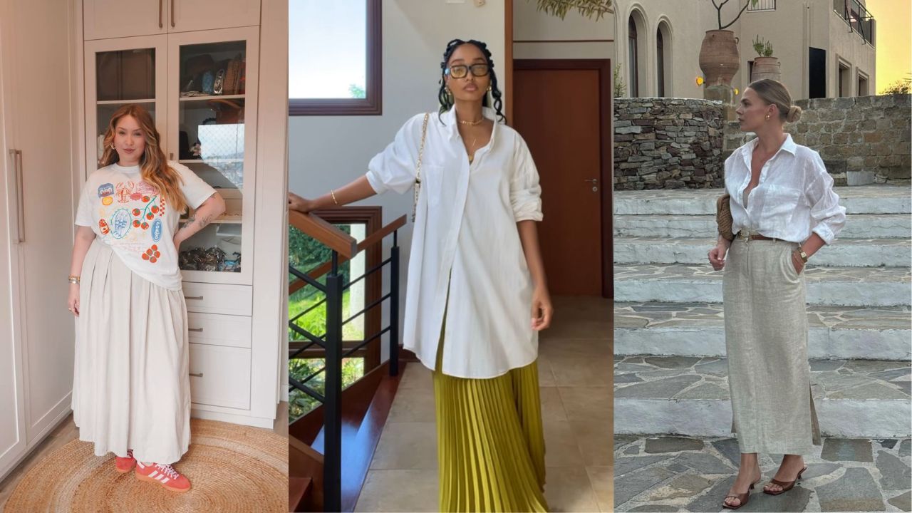 Inspira&ccedil;&otilde;es de look fresquinho para trabalhar no ver&atilde;o com saia longa e pe&ccedil;as claras: saia ampla com camiseta, vestido camis&atilde;o com saia plissada e saia longa de linho com camisa social