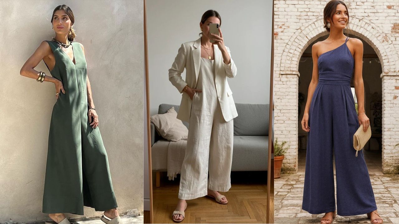 Tr&ecirc;s op&ccedil;&otilde;es elegantes e frescas para trabalhar no ver&atilde;o: macac&atilde;o verde de alfaiataria, conjunto claro com blazer leve e macac&atilde;o azul marinho, looks ideais para escrit&oacute;rio em dias quentes