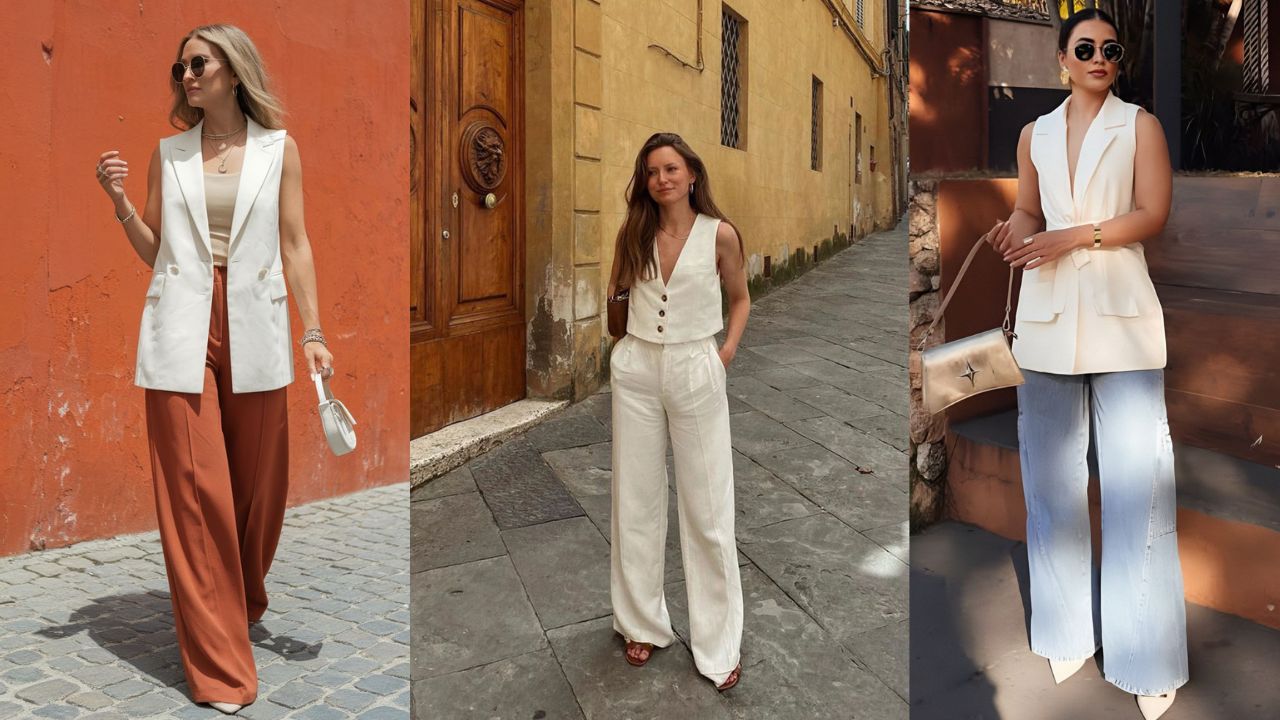 Looks de ver&atilde;o para trabalho com colete alongado e alfaiataria leve: colete branco com cal&ccedil;a jeans ampla, conjunto branco com colete e cal&ccedil;a, visual moderno e fresco para ambiente corporativo