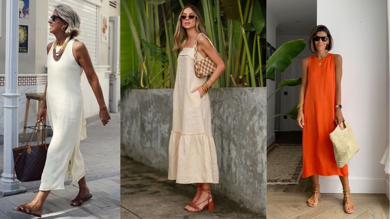 Tr&ecirc;s vestidos fresquinhos e elegantes para trabalhar no ver&atilde;o: vestido midi claro com bolsa grande, vestido bege amplo e vestido laranja vibrante, op&ccedil;&otilde;es confort&aacute;veis para escrit&oacute;rio no calor
