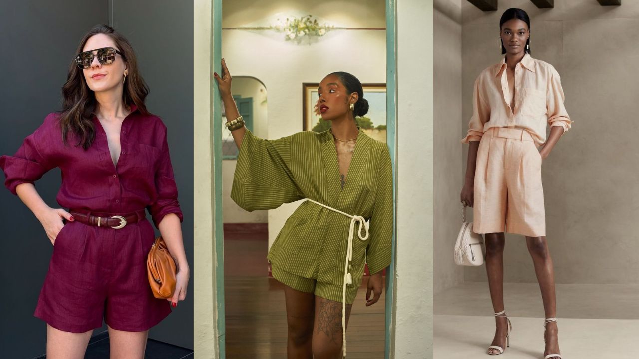 Ideias de look para trabalhar no calor com pe&ccedil;as leves: macaquinho vinho com cinto, conjunto verde com short e blusa ampla, e conjunto nude com camisa e bermuda, looks de ver&atilde;o para escrit&oacute;rio