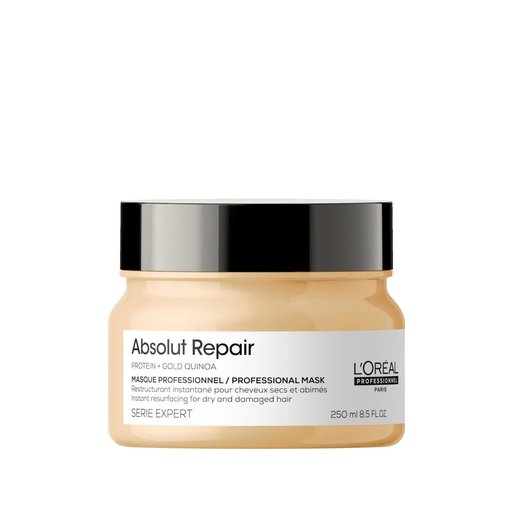 Pote da m&aacute;scara capilar L&rsquo;Or&eacute;al Professionnel Absolut Repair, citada como tratamento de repara&ccedil;&atilde;o para cabelos danificados e quebradi&ccedil;os.