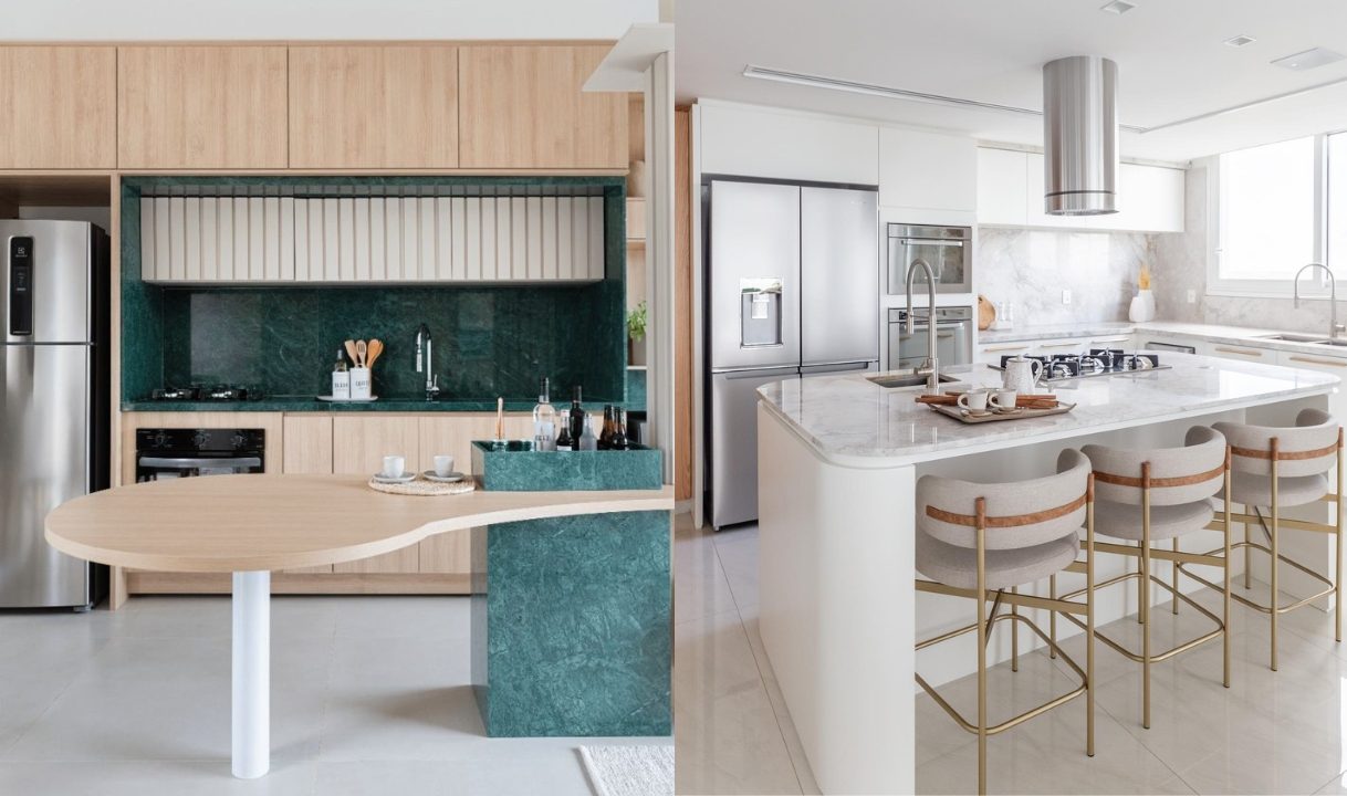 Dois projetos de cozinha com m&aacute;rmore e acabamentos em inox