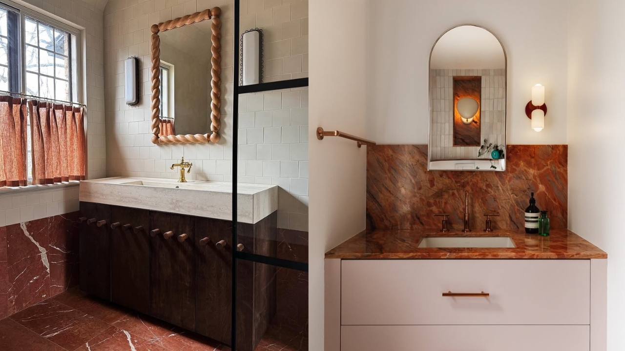 Dois banheiros com detalhes em mármore vermelho
