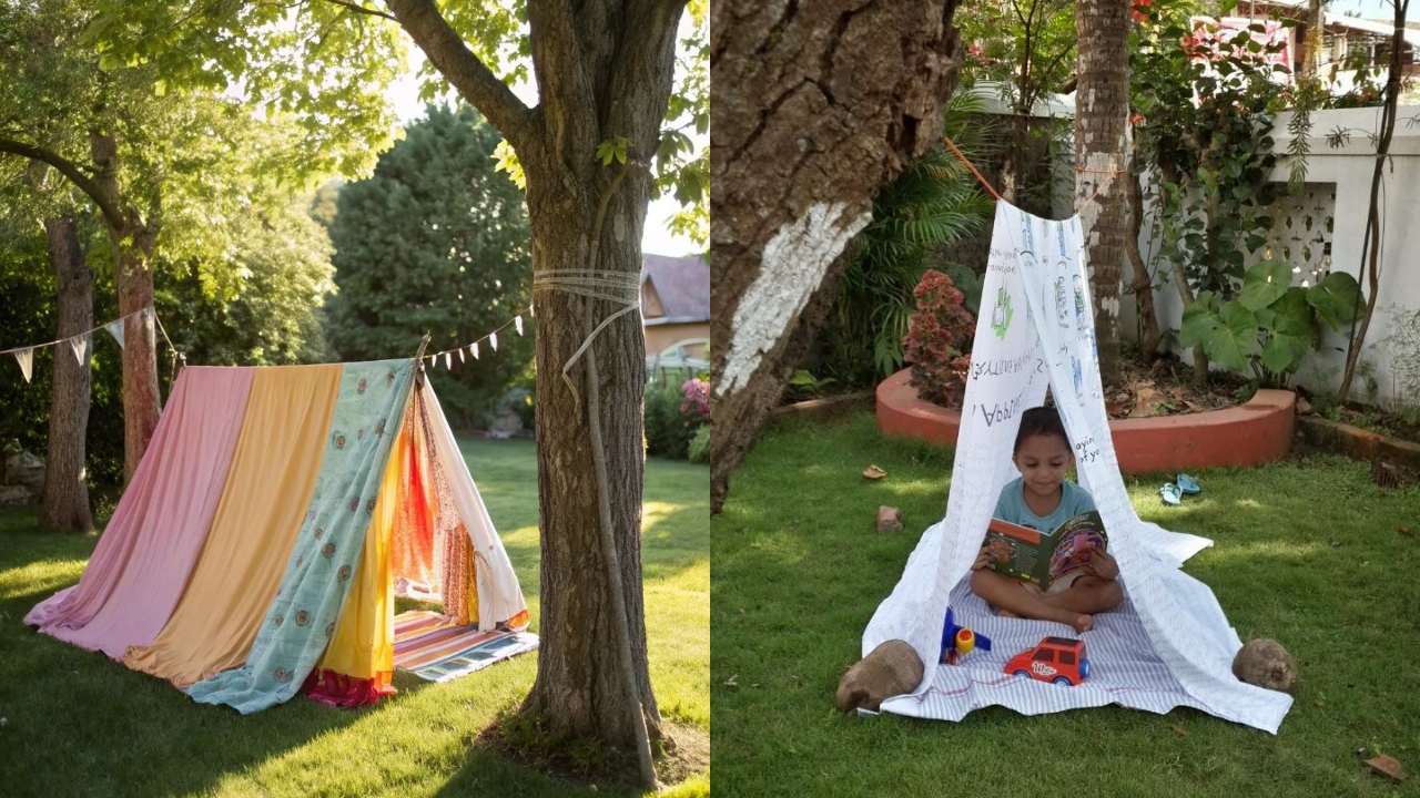 Mini acampamento no quintal montado com len&ccedil;&oacute;is em varal