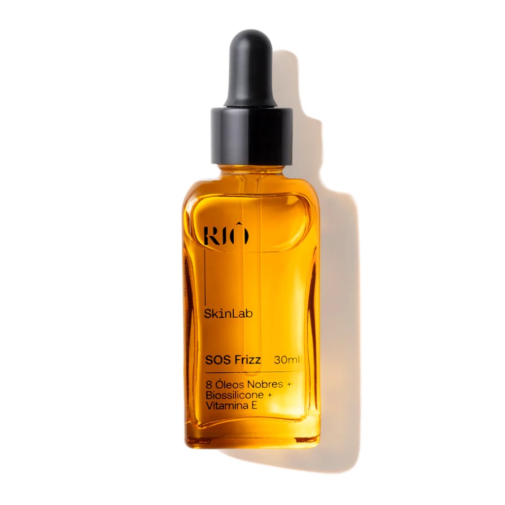 Frasco conta-gotas de &oacute;leo capilar Ri&ocirc; SkinLab SOS Frizz, indicado para controlar frizz e selar as pontas sem pesar em cabelos oleosos