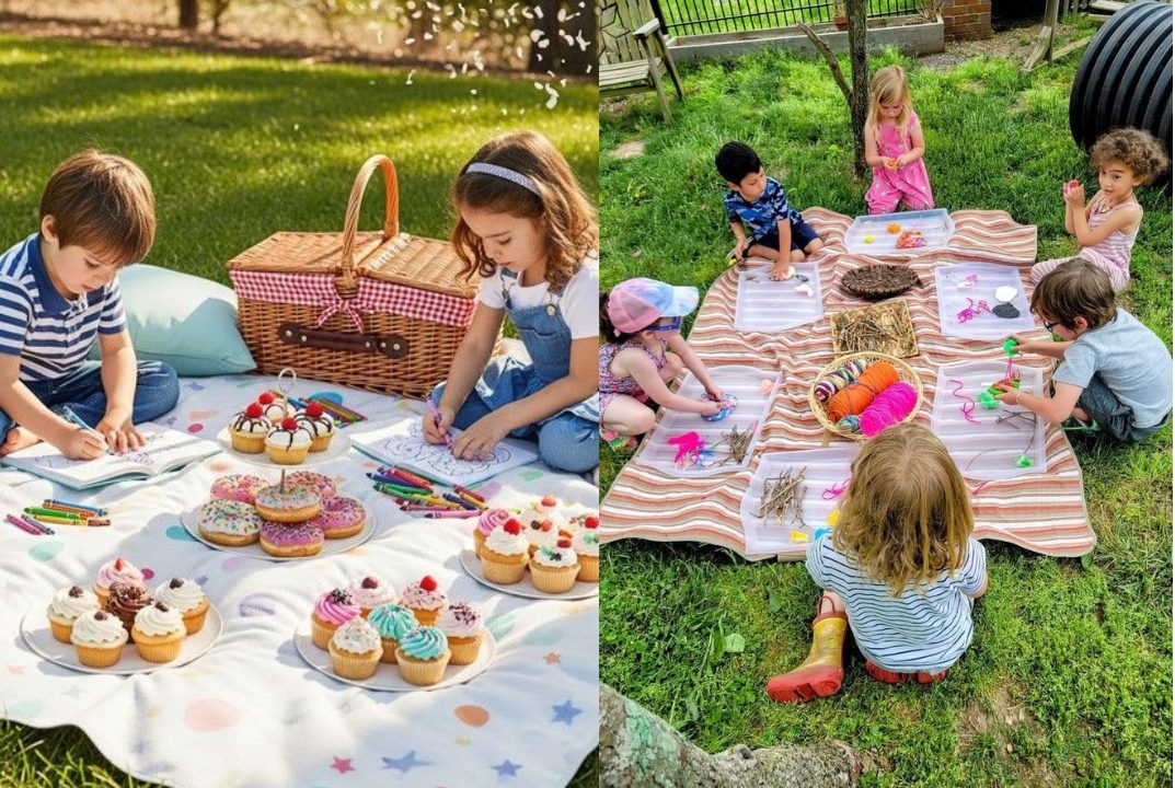 Crian&ccedil;as brincando enquanto participam de piquenique