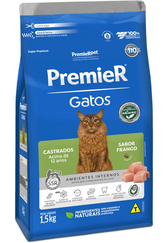 Linha PremieR Gatos com op&ccedil;&otilde;es para filhotes e gatos castrados, formulada para ambientes internos, com ingredientes naturais e foco na sa&uacute;de urin&aacute;ria e digestiva.